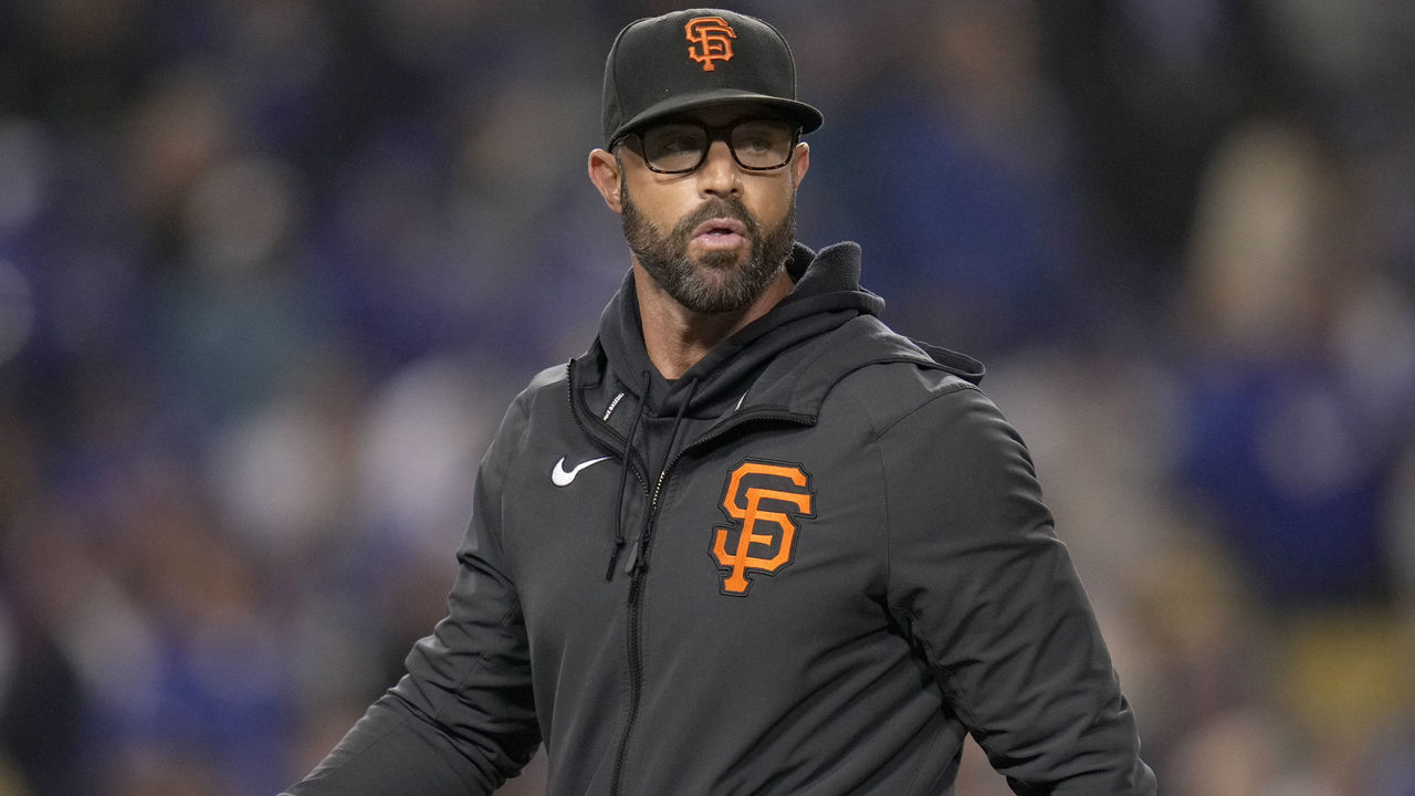 Los Angeles, CA - October 12: Manager Gabe Kapler #19 of the San Francisco Giants walks back to the dugout after pulling a pitcher during the fifth inning of game 4 of the baseball National League Division Series against the Los Angeles Dodgers at Dodger Stadium on Tuesday, October 12, 2021, in Los Angeles.