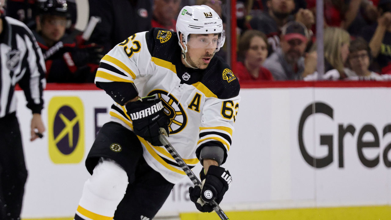 RALEIGH, NC - MAY 4: Brad Marchand #63 of the Boston Bruins skates with the puck in Game Two of the First Round of the 2022 Stanley Cup Playoffs against the Carolina Hurricanes on May 4, 2022 at PNC Arena in Raleigh, North Carolina.