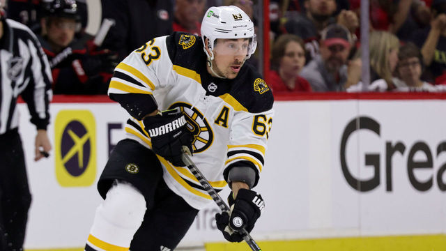 RALEIGH, NC - MAY 4: Brad Marchand #63 of the Boston Bruins skates with the puck in Game Two of the First Round of the 2022 Stanley Cup Playoffs against the Carolina Hurricanes on May 4, 2022 at PNC Arena in Raleigh, North Carolina.