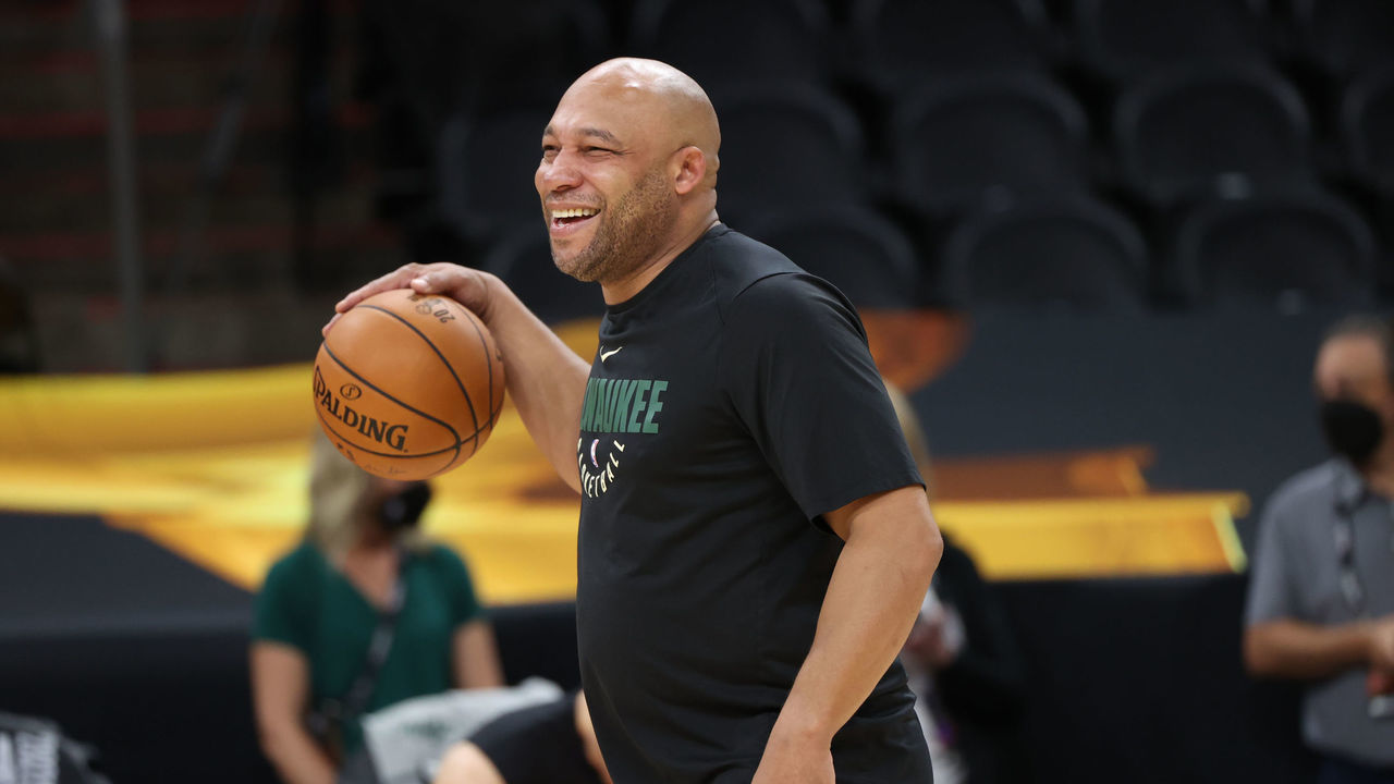 PHOENIX, AZ - JULY 7: Assistant Coach Darvin Ham of the Milwaukee Bucks during practice and media availability as part of the 2021 NBA Finals on July 7, 2021 at Phoenix Suns Arena in Phoenix, Arizona. NOTE TO USER: User expressly acknowledges and agrees that, by downloading and or using this photograph, user is consenting to the terms and conditions of Getty Images License Agreement. Mandatory Copyright Notice: Copyright 2021 NBAE