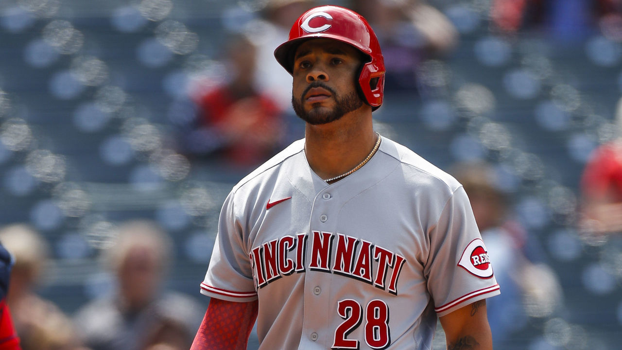 CLEVELAND, OH - MAY 19: Cincinnati Reds center fielder Tommy Pham (28) reacts after a strike out during a regular season game between the Cleveland Guardians and Cincinnati Reds on May 19, 2022, at Progressive Field in Cleveland, OH.