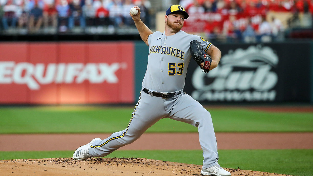 ST. LOUIS, MO - MAY 27: Starter Brandon Woodruff #53 of the Milwaukee Brewers delivers a pitch during the first inning against the St. Louis Cardinals at Busch Stadium on May 27, 2022 in St. Louis, Missouri.
