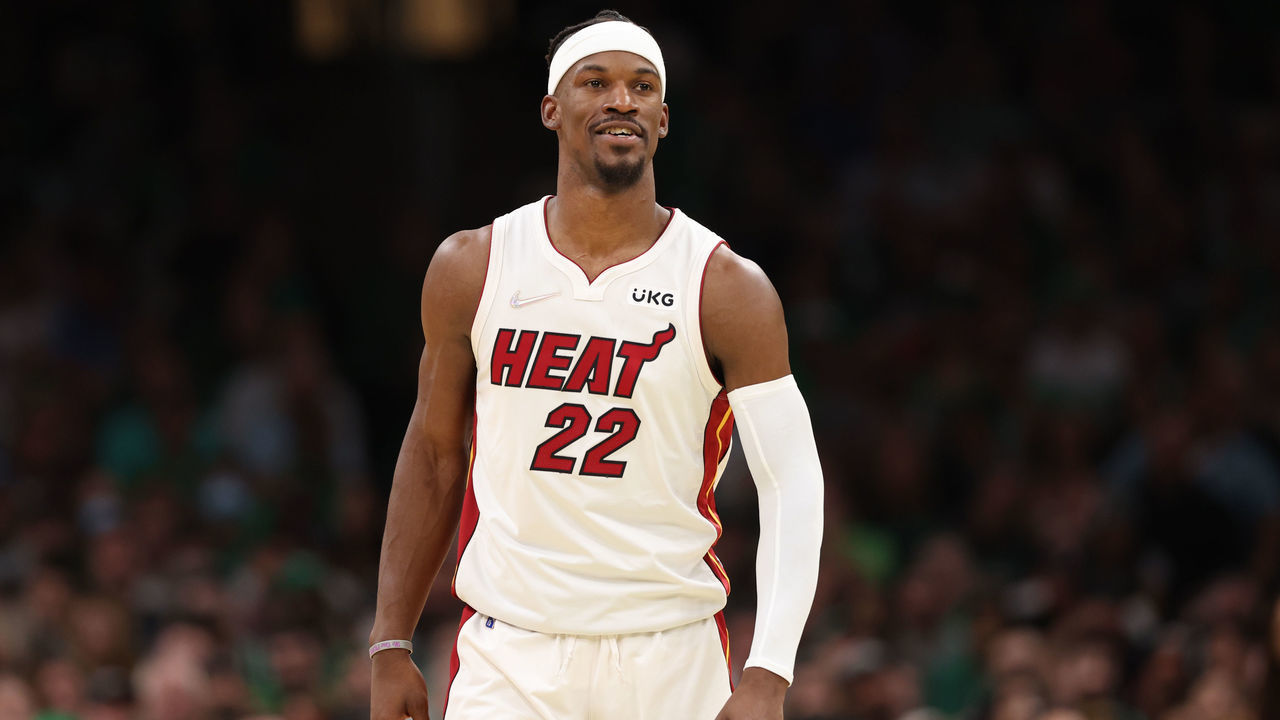 BOSTON, MASSACHUSETTS - MAY 27: Jimmy Butler #22 of the Miami Heat reacts against the Boston Celtics during the second quarter in Game Six of the 2022 NBA Playoffs Eastern Conference Finals at TD Garden on May 27, 2022 in Boston, Massachusetts. NOTE TO USER: User expressly acknowledges and agrees that, by downloading and/or using this photograph, User is consenting to the terms and conditions of the Getty Images License Agreement.