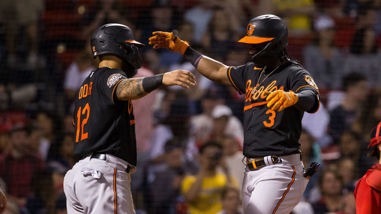 BOSTON, MA - MAY 27: Jorge Mateo #3 of the Baltimore Orioles celebrates his 2-run home run against the Boston Red Sox with teammate Rougned Odor #12 during the seventh inning at Fenway Park on May 27, 2022 in Boston, Massachusetts.