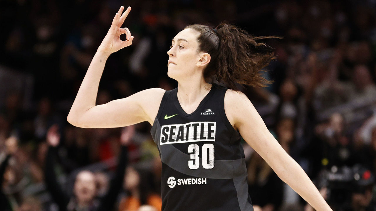SEATTLE, WASHINGTON - MAY 27: Breanna Stewart #30 of the Seattle Storm reacts after her three point basket in overtime against the New York Liberty at Climate Pledge Arena on May 27, 2022 in Seattle, Washington.