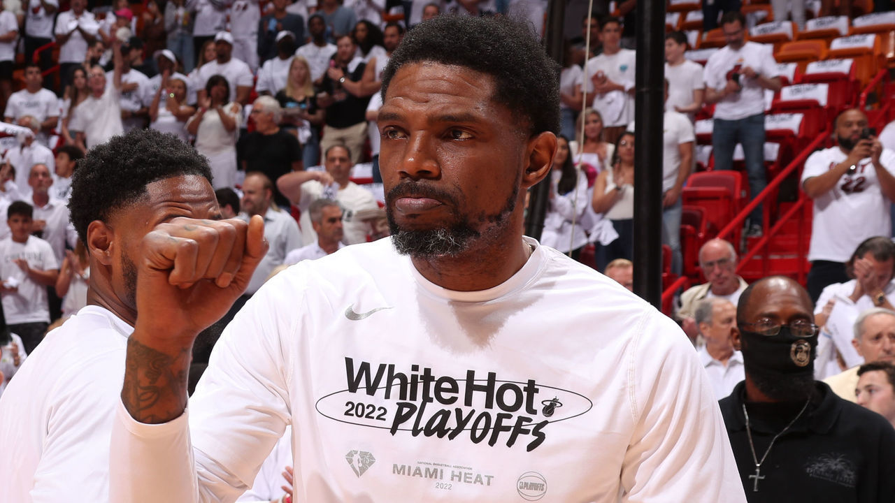 MIAMI, FL - APRIL 26: Udonis Haslem #40 of the Miami Heat fist bumps a teammate before the game against the Atlanta Hawks during Round 1 Game 5 of the 2022 NBA Playoffs on April 26, 2022 at FTX Arena in Miami, Florida. Mandatory Copyright Notice: Copyright 2022 NBAE