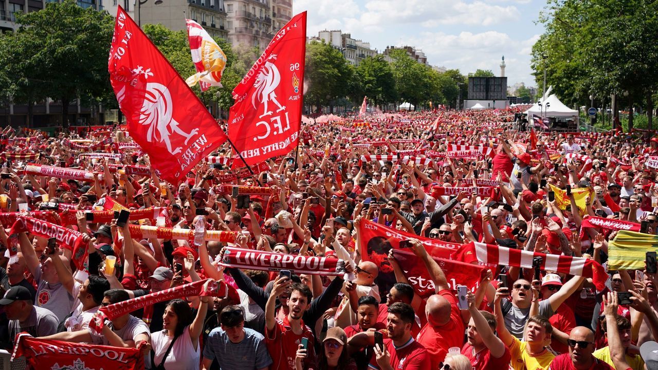 Thousands of Liverpool supporters in a fan zone in Paris, ahead of the UEFA Champions League Final at the Stade de France. Picture date: Saturday May 28, 2022.