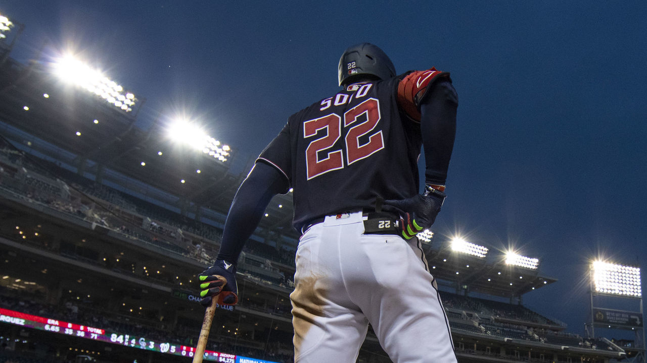 WASHINGTON, DC - MAY 26: Washington Nationals right fielder Juan Soto (22) waits on deck during a regular season game between the Washington Nationals and Colorado Rockies on May 26, 2022, at Nationals Park in Washington DC.
