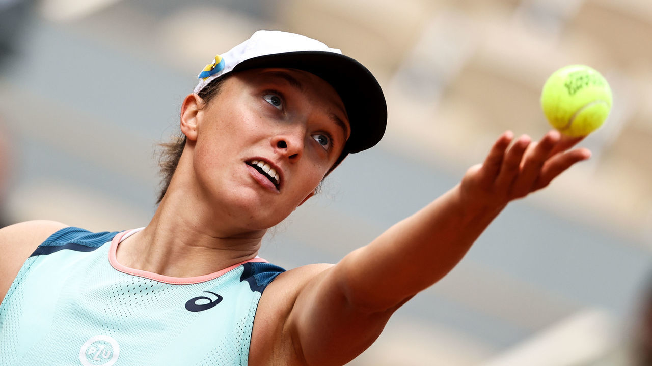 PARIS, FRANCE - MAY 28: Iga Swiatek of Poland serves in the Women's Singles Third Round match against Danka Kovinic of Montenegro during Day Seven of The 2022 French Open at Roland Garros on May 28, 2022 in Paris, France.