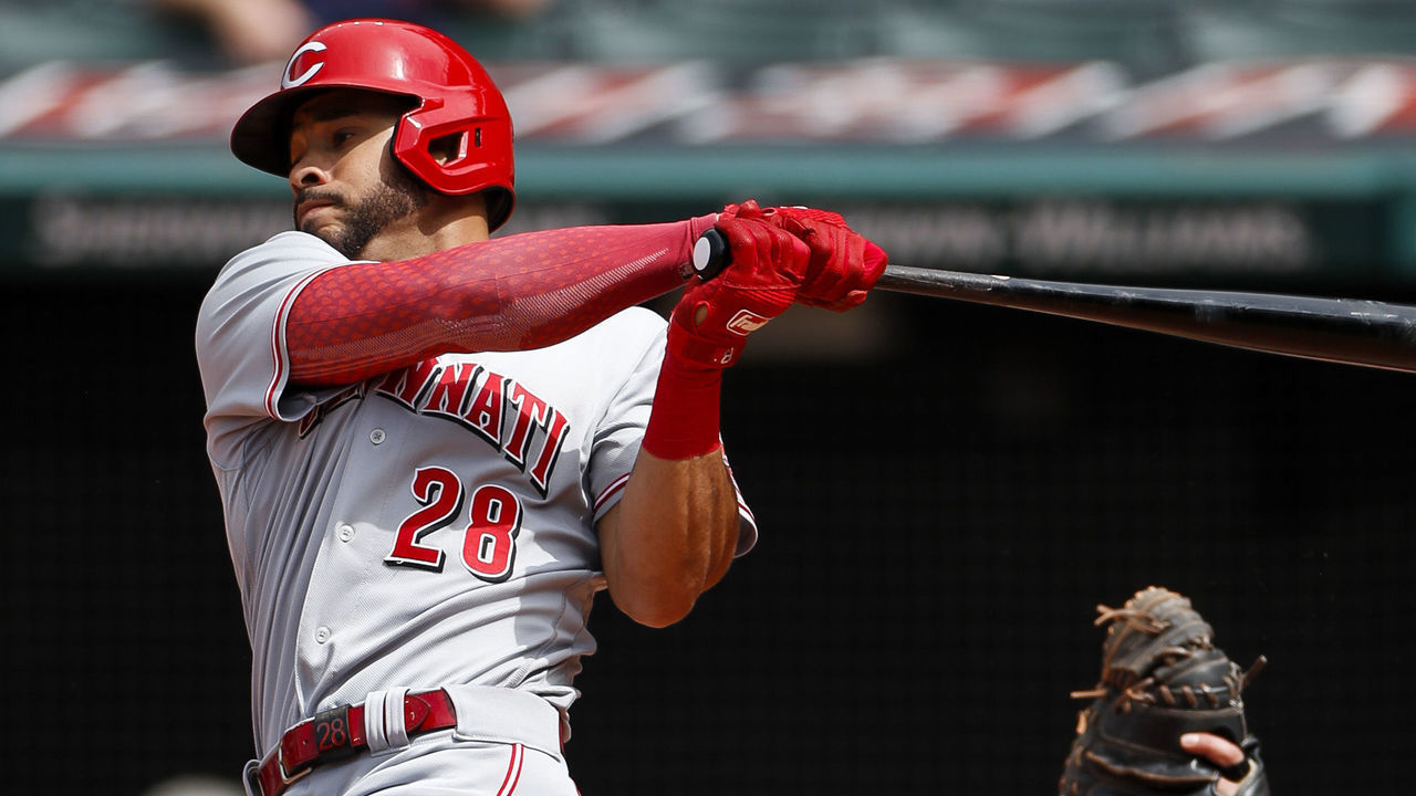 CLEVELAND, OH - MAY 19: Cincinnati Reds center fielder Tommy Pham (28) bats during a regular season game between the Cleveland Guardians and Cincinnati Reds on May 19, 2022, at Progressive Field in Cleveland, OH.