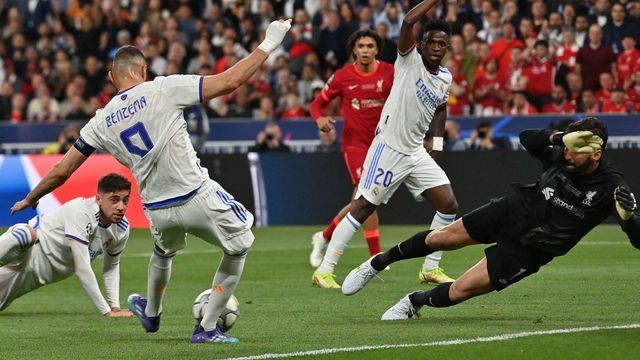 Real Madrid's French striker Karim Benzema shoots but the goal is offside during the UEFA Champions League final football match between Liverpool and Real Madrid at the Stade de France in Saint-Denis, north of Paris, on May 28, 2022.