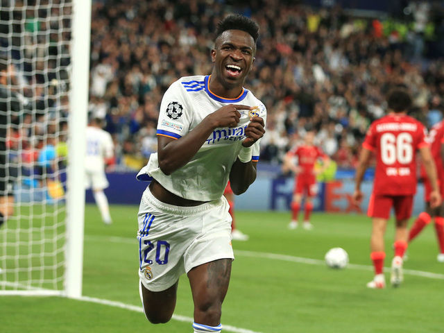 PARIS, FRANCE - MAY 28: Vinicius Junior of Real Madrid celebrating after scoring the opening goal of the match during the UEFA Champions League final match between Liverpool FC and Real Madrid at Stade de France on May 28, 2022 in Paris, France.