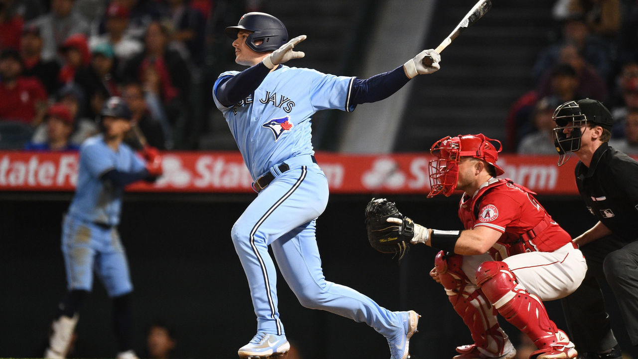 ANAHEIM, CA - MAY 28: Toronto Blue Jays third baseman Matt Chapman (26) drives in the game winning runs during the MLB game between the Toronto Blue Jays and the Los Angeles Angels of Anaheim on May 28, 2022 at Angel Stadium of Anaheim in Anaheim, CA.