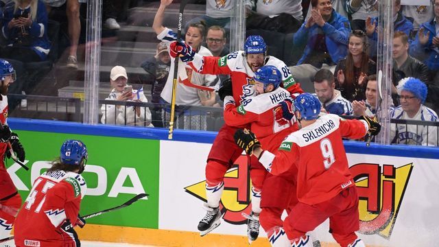 Czech Republic's forward David Pastrnak (C Up) celebrates his 5-3 goal during the IIHF Ice Hockey World Championships third place play-off match between Czech Republic and USA in Tampere, Finland, on May 29, 2022.