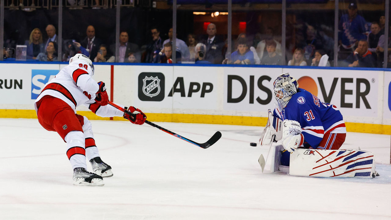 NEW YORK, NY - MAY 28: Carolina Hurricanes center Sebastian Aho (20) shoots and is stopped by New York Rangers goaltender Igor Shesterkin (31) during the first period of Game 6 of round 2 of the Stanley Cup playoffs on May 28, 2022 at Madison Square Garden in New York, New York.
