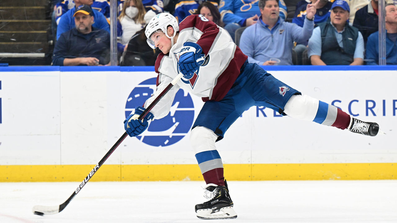 ST. LOUIS, MO - MAY 23: Colorado Avalanche defenseman Cale Makar (8) takes a shot on goal during Round 2 Game 4 of the NHL Stanley Cup Playoffs between the Colorado Avalanche and the St. Louis Blues on May 23, 2022, at Enterprise Center, St. Louis, MO. ,
