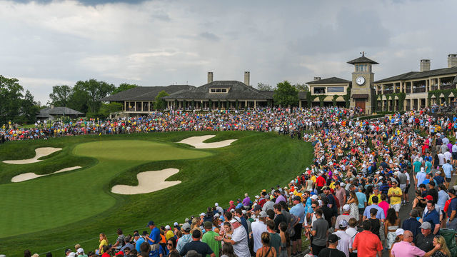 DUBLIN, OHIO - JUNE 06: Fans watch play along the 18th hole during the final round of the Memorial Tournament presented by Nationwide at Muirfield Village Golf Club on June 6, 2021 in Dublin, Ohio.