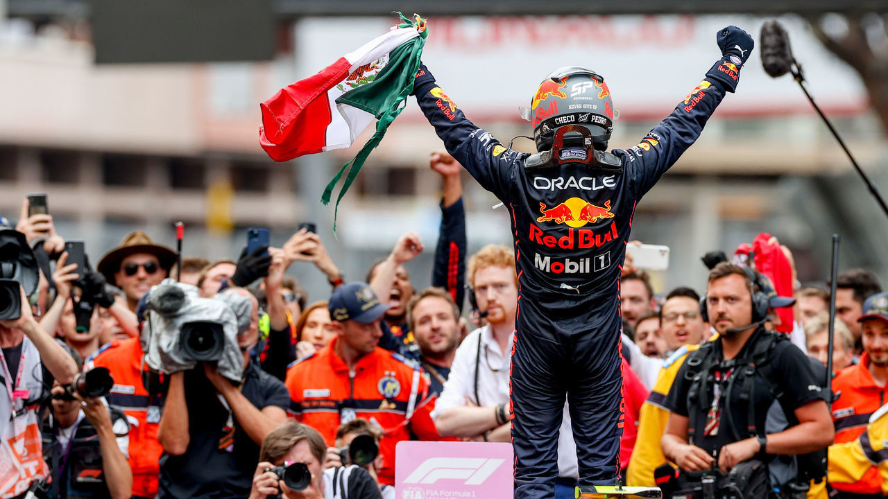 MONTE-CARLO, MONACO - MAY 29: Sergio Perez of Mexico and Red Bull Racing celebrates finishing in first position during the F1 Grand Prix of Monaco at Circuit de Monaco on May 29, 2022 in Monte-Carlo, Monaco.