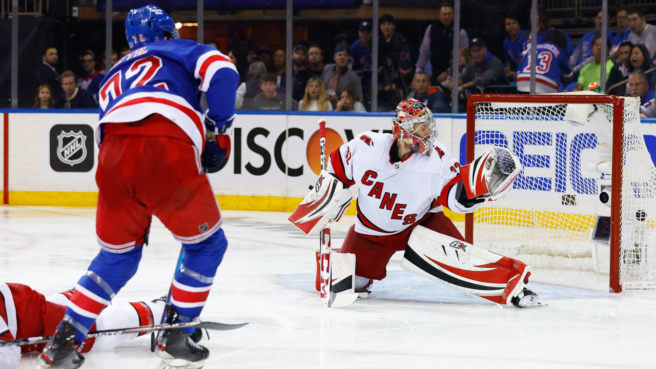 NEW YORK, NY - MAY 28: Carolina Hurricanes goaltender Antti Raanta (32) has the puck go in the net on the shot from New York Rangers center Filip Chytil (72)(not pictured) during Game 6 of round 2 of the Stanley Cup playoffs on May 28, 2022 at Madison Square Garden in New York, New York.