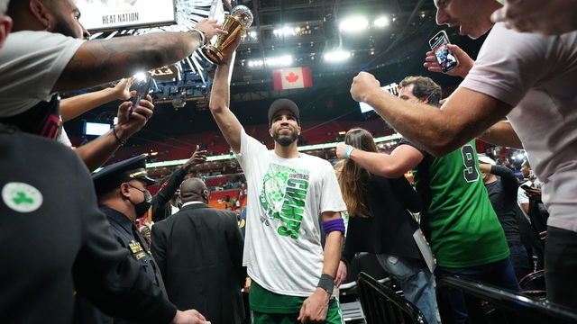 MIAMI, FL - MAY 29: Jayson Tatum #0 of the Boston Celtics celebrates after winning the Larry Bird Eastern Conference Finals MVP award after Game 7 of the 2022 NBA Playoffs Eastern Conference Finals on May 29, 2022 at FTX Arena in Miami, Florida. Mandatory Copyright Notice: Copyright 2022 NBAE