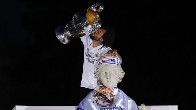 MADRID, SPAIN - MAY 29: Marcelo Vieira of Real Madrid celebrates during the bus parade after winning the UEFA Champions League final against Liverpool, at Plaza de Cibeles in Madrid, Spain on May 29, 2022.