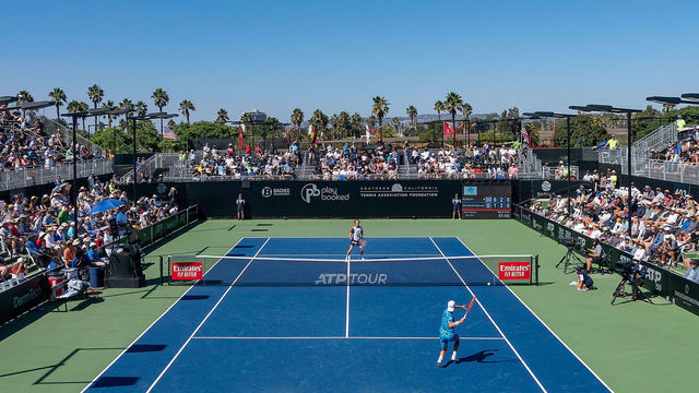 SAN DIEGO, CA - OCTOBER 01: Diego Schwartzman of Argentina hits a forehand against Andrey Rublev of Russia at the ATP 250 San Diego Open at Barnes Tennis Center on October 1, 2021 in San Diego, California.Rublev defeated Schwartzman in the quarterfinals (6-1, 7-5).