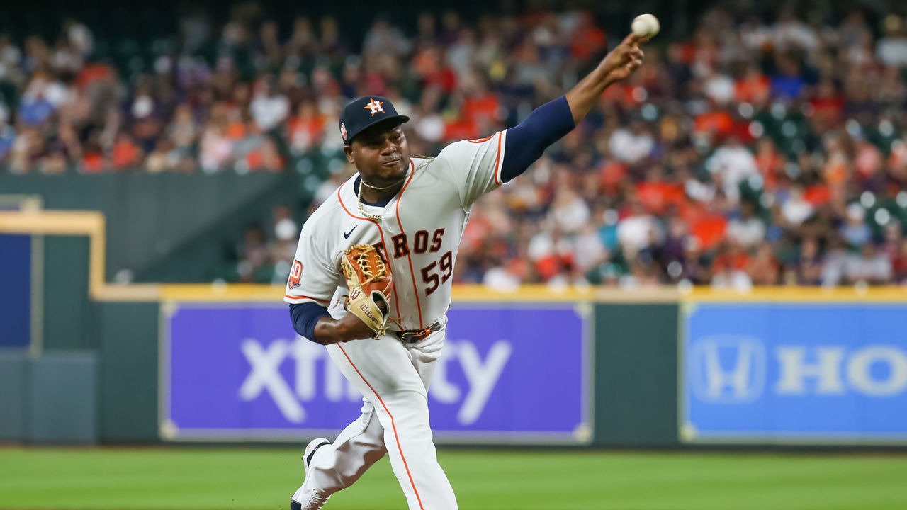 HOUSTON, TX - MAY 24: Houston Astros starting pitcher Framber Valdez (59) throws a pitch in the top of the second inning during the baseball game between the Cleveland Guardians and Houston Astros on May 24, 2022 at Minute Maid Park in Houston, Texas.