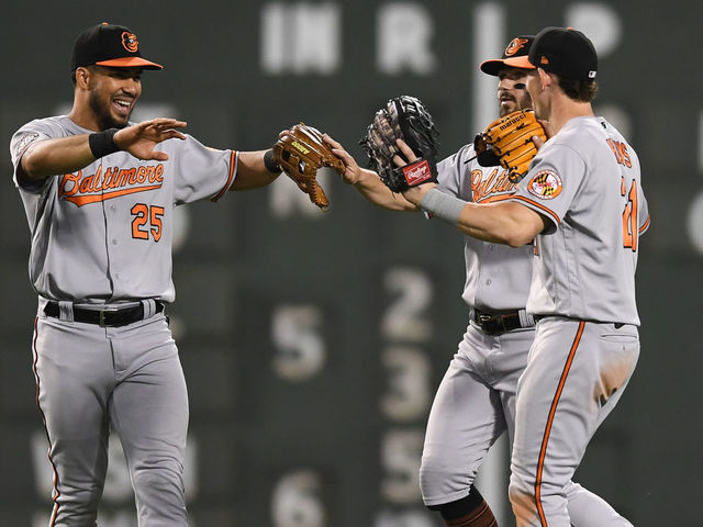 Ryan McKenna of the Baltimore Orioles and Austin Hays celebrate a