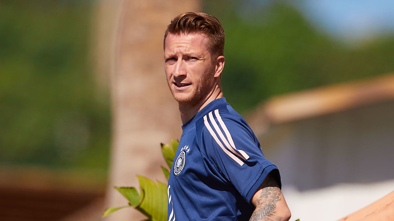 MARBELLA, SPAIN - MAY 26: Marco Reus of Germany looks on during a training session of the German national soccer team on May 26, 2022 in Marbella, Spain.