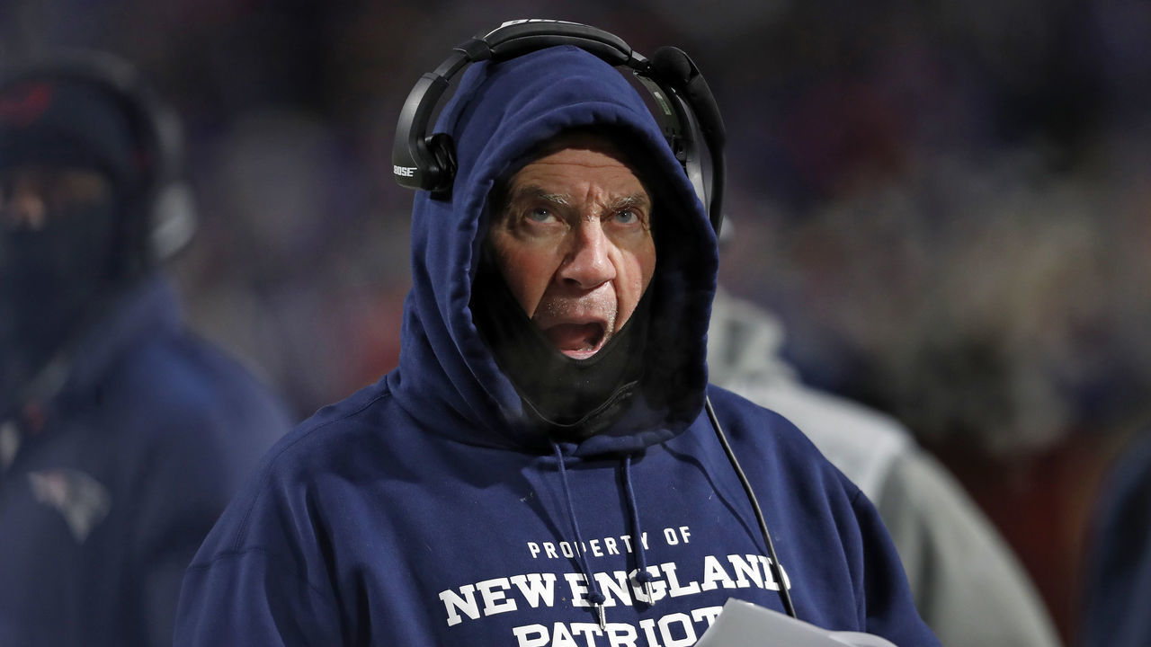Orchard Park, NY - January 15: Patriots head coach Bill Belichick is pictured as he watches the replay of a first half Bills touchdown. The Buffalo Bills host the New England Patriots in a AFC wild-card game Saturday night January 15, 2022 at Highmark Stadium in Orchard Park, NY.