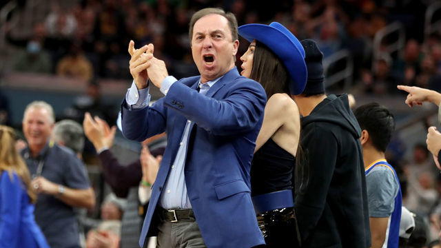 SAN FRANCISCO, CALIFORNIA - MARCH 16: Golden State Warriors majority owner Joe Jacob applauds after the Warriors scored against the Boston Celtics in the third quarter of their NBA game at Chase Center in San Francisco, Calif., on Wednesday, March 16, 2022.
