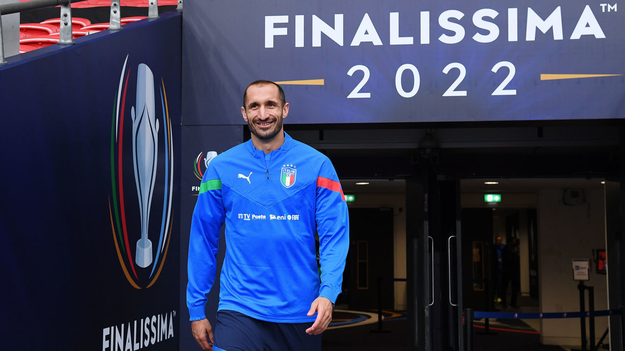 LONDON, ENGLAND - MAY 31: Giorgio Chiellini of Italy enters the pitch to warm up during the Italy Training Session at Wembley Stadium on May 31, 2022 in London, England.