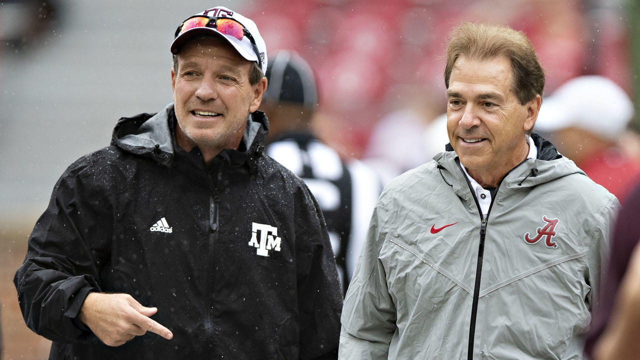 TUSCALOOSA, AL - SEPTEMBER 22: Head Coach Jimbo Fisher of the Texas A&M Aggies talks at midfield with Head Coach Nick Saban of the Alabama Crimson Tide at Bryant-Denny Stadium on September 22, 2018 in Tuscaloosa, Alabama. The Crimson Tide defeated the Aggies 45-23.
