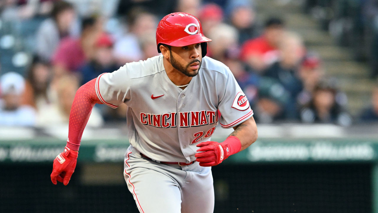 CLEVELAND, OHIO - MAY 17: Tommy Pham #28 of the Cincinnati Reds runs out an RBI single during the eighth inning against the Cleveland Guardians at Progressive Field on May 17, 2022 in Cleveland, Ohio.