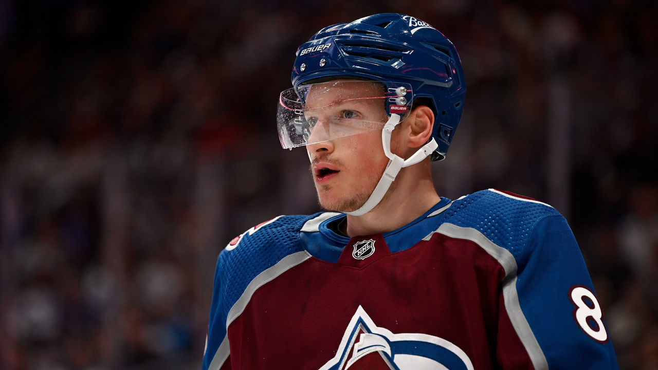 DENVER, CO - MAY 25: Colorado Avalanche defenseman Cale Makar (8) looks on during a Stanley Cup Playoffs round 2 game between the St. Louis Blues and the Colorado Avalanche at Ball Arena in Denver, Colorado on May 25, 2022.