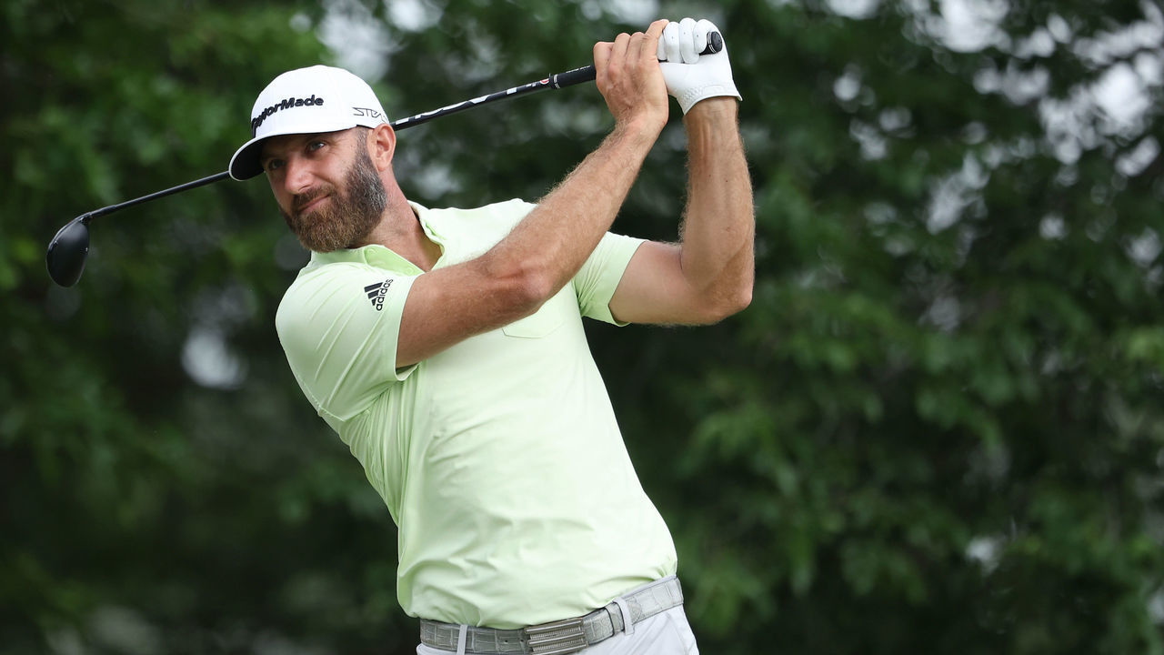TULSA, OKLAHOMA - MAY 20: Dustin Johnson of the United States plays his shot from the 17th tee during the second round of the 2022 PGA Championship at Southern Hills Country Club on May 20, 2022 in Tulsa, Oklahoma.