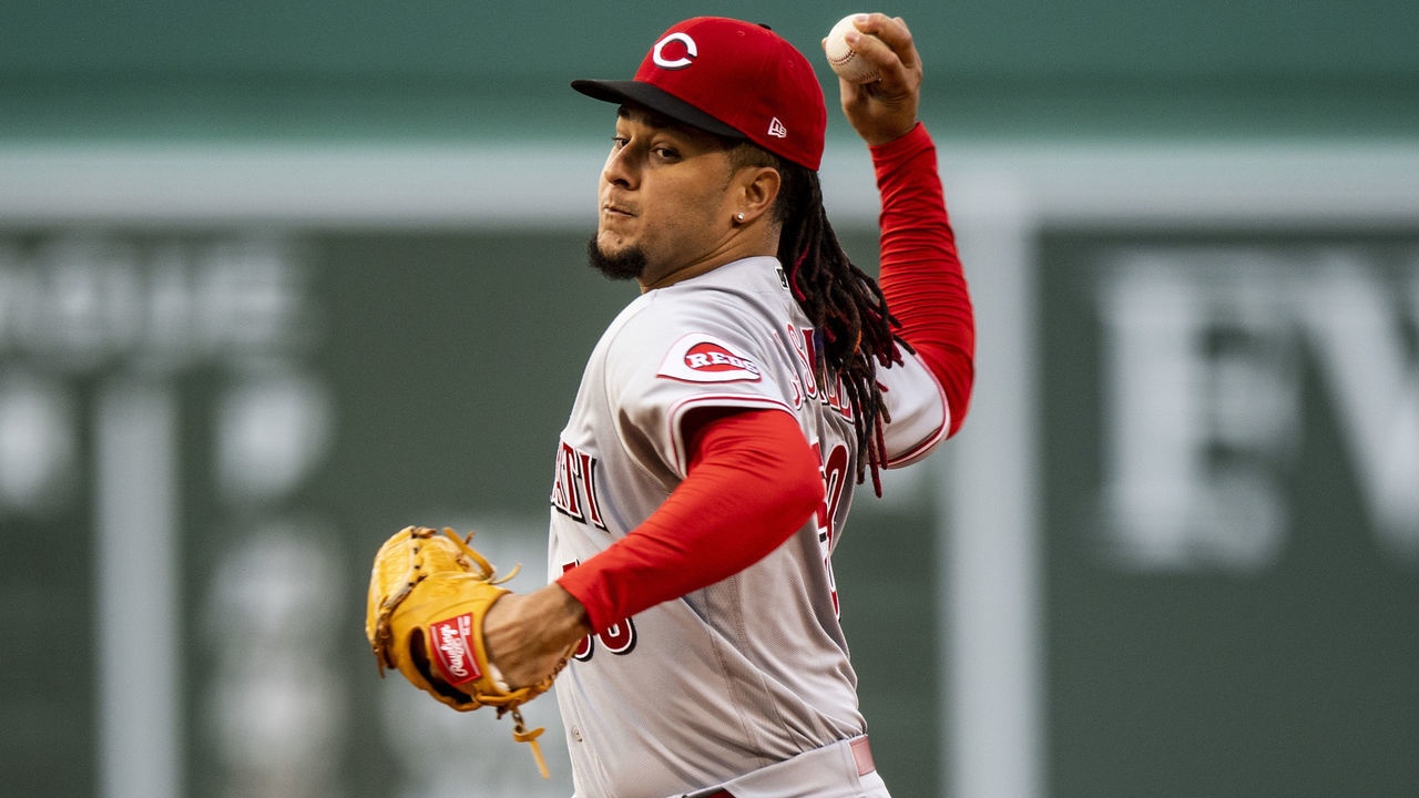 BOSTON, MA - MAY 31: Luis Castillo #58 of the Cincinnati Reds delivers a pitch during the first inning of a game against the Boston Red Sox on May 31, 2022 at Fenway Park in Boston, Massachusetts.