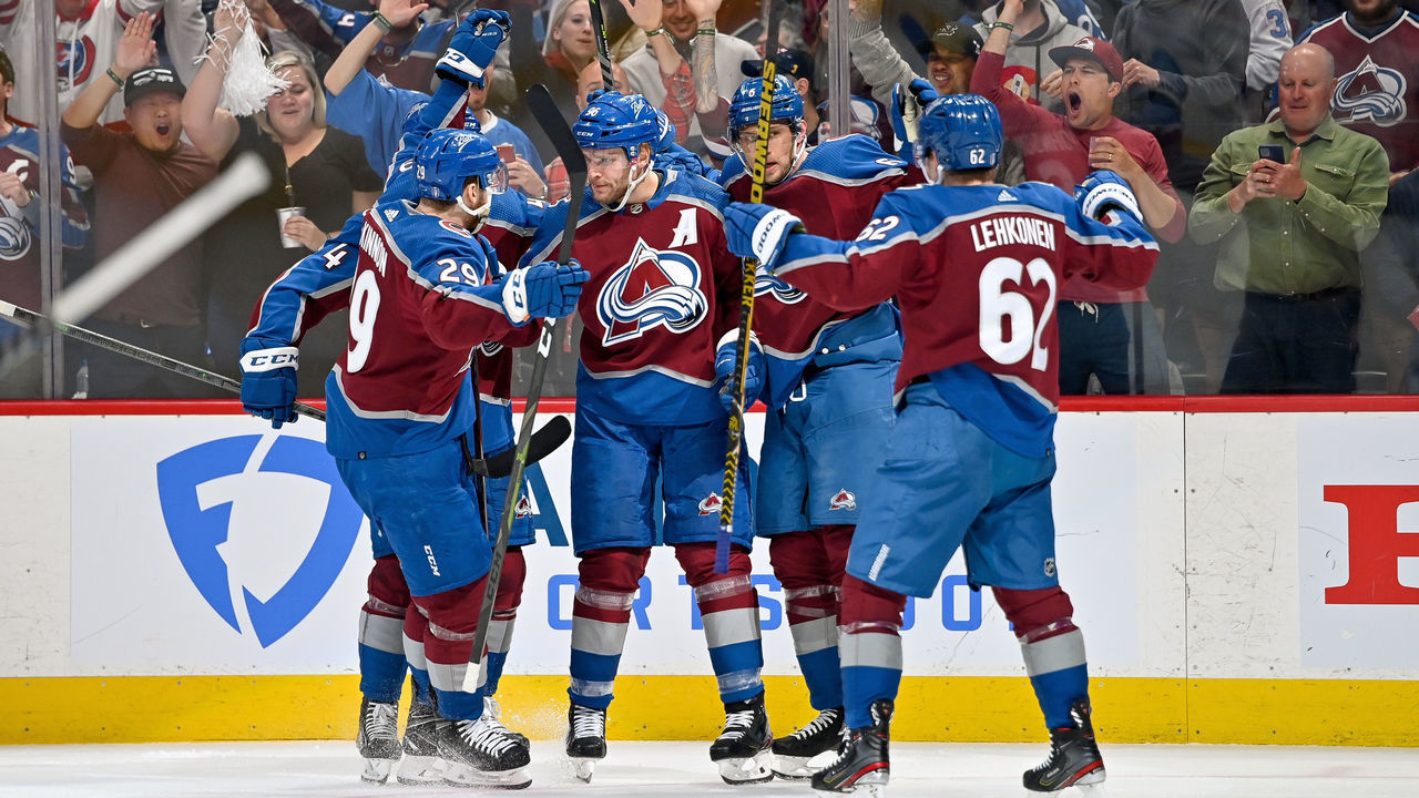 DENVER, CO - MAY 31: Colorado Avalanche players, including center Nathan MacKinnon (29), left wing Artturi Lehkonen (62), and defenseman Erik Johnson (6), celebrate a second period goal by right wing Mikko Rantanen (96) during a Stanley Cup Playoffs Western Conference Finals game between the Edmonton Oilers and the Colorado Avalanche at Ball Arena in Denver, Colorado on May 31, 2022.