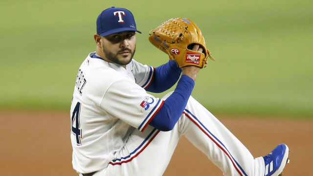 ARLINGTON, TEXAS - MAY 31: Martin Perez #54 of the Texas Rangers pitches against the Tampa Bay Rays in the first inning at Globe Life Field on May 31, 2022 in Arlington, Texas.