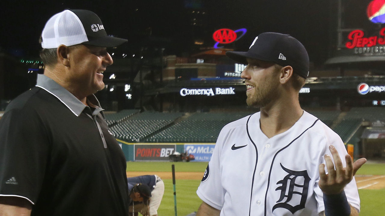 DETROIT, MI - MAY 31: Kody Clemens #21 of the Detroit Tigers talks with his father Roger Clemens following his major league debut in Game Two of a doubleheader against the Minnesota Twins at Comerica Park on May 31, 2022, in Detroit, Michigan.