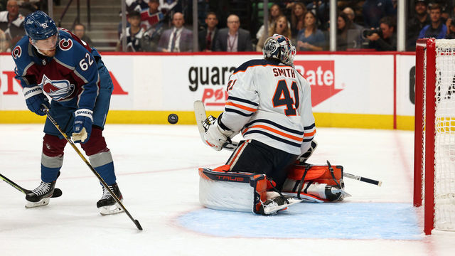 DENVER, COLORADO - MAY 31: Mike Smith #41 of the Edmonton Oilers gives up a goal to Mikko Rantanen #96 (not pictured) of the Colorado Avalanche during the second period in Game One of the Western Conference Final of the 2022 Stanley Cup Playoffs at Ball Arena on May 31, 2022 in Denver, Colorado.