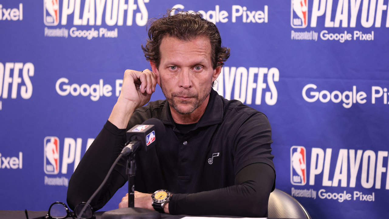 SALT LAKE CITY, UT - APRIL 21: Head Coach Quin Snyder of the Utah Jazz talks to the media after Round 1 Game 3 of the NBA Playoffs on April 21, 2022 at vivint.SmartHome Arena in Salt Lake City, Utah. Mandatory Copyright Notice: Copyright 2022 NBAE