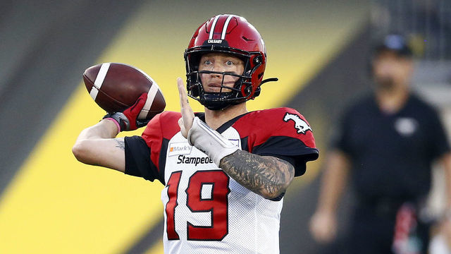 HAMILTON, ON - SEPTEMBER 17: Bo Levi Mitchell #19 of the Calgary Stampeders throws the ball during a CFL game against the Hamilton Tiger-Cats at Tim Hortons Field on September 17, 2021 in Hamilton, Ontario, Canada.