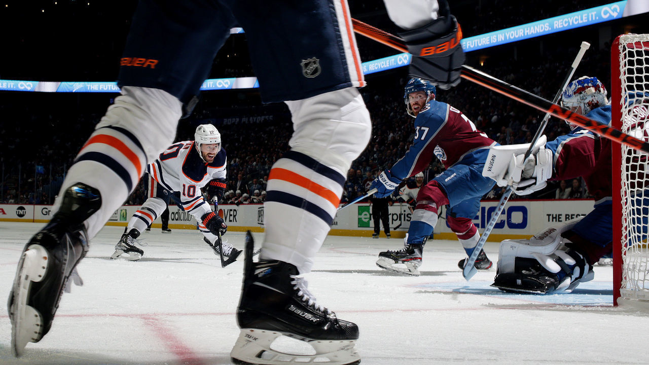 DENVER, COLORADO - MAY 31: Derek Ryan #10 of the Edmonton Oilers scores against the Colorado Avalanche in Game One of the Western Conference Final of the 2022 Stanley Cup Playoffs at Ball Arena on May 31, 2022 in Denver, Colorado. The Avalanche defeated the Oilers 8-6.