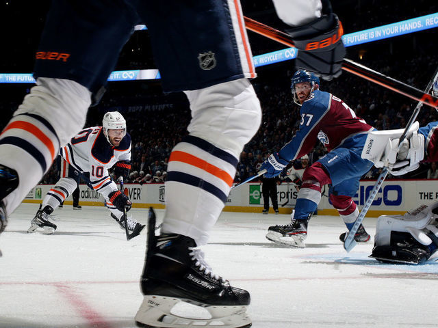 DENVER, COLORADO - MAY 31: Derek Ryan #10 of the Edmonton Oilers scores against the Colorado Avalanche in Game One of the Western Conference Final of the 2022 Stanley Cup Playoffs at Ball Arena on May 31, 2022 in Denver, Colorado. The Avalanche defeated the Oilers 8-6.