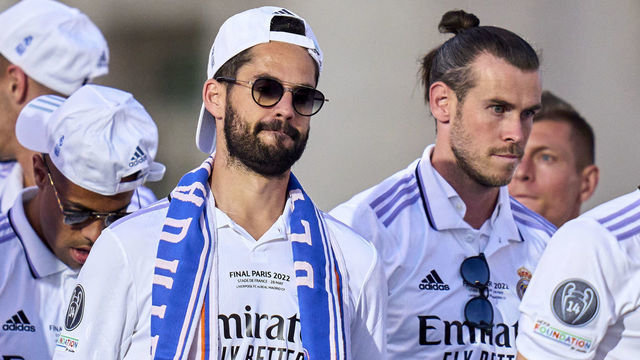 MADRID, SPAIN - MAY 29: Isco and Gareth Bale of Real Madrid looks on at cibeles during the UEFA Champions League trophy bus parade after winning the UEFA Champions League final against Liverpool in Paris on May 29, 2022 in Madrid, Spain