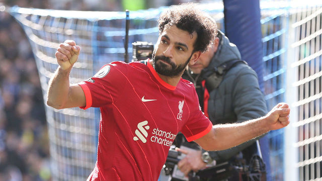 BRIGHTON, ENGLAND - MARCH 12: Liverpool's Mohamed Salah celebrates scoring his side's second goal during the Premier League match between Brighton & Hove Albion and Liverpool at American Express Community Stadium on March 12, 2022 in Brighton, United Kingdom.