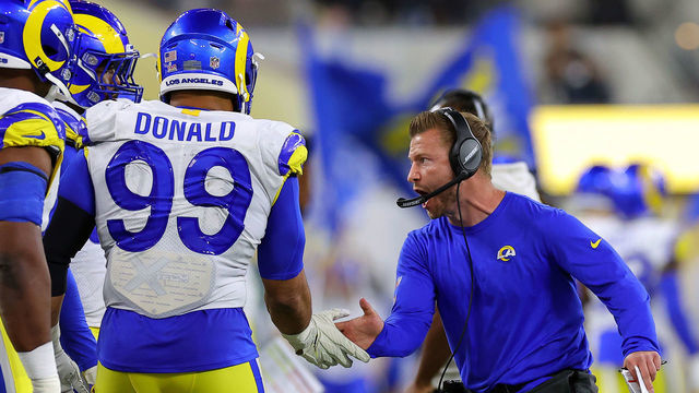 INGLEWOOD, CALIFORNIA - FEBRUARY 13: Head coach Sean McVay of the Los Angeles Rams reacts with Aaron Donald #99 during the second half of Super Bowl LVI at SoFi Stadium on February 13, 2022 in Inglewood, California. The Los Angeles Rams defeated the Cincinnati Bengals 23-20.