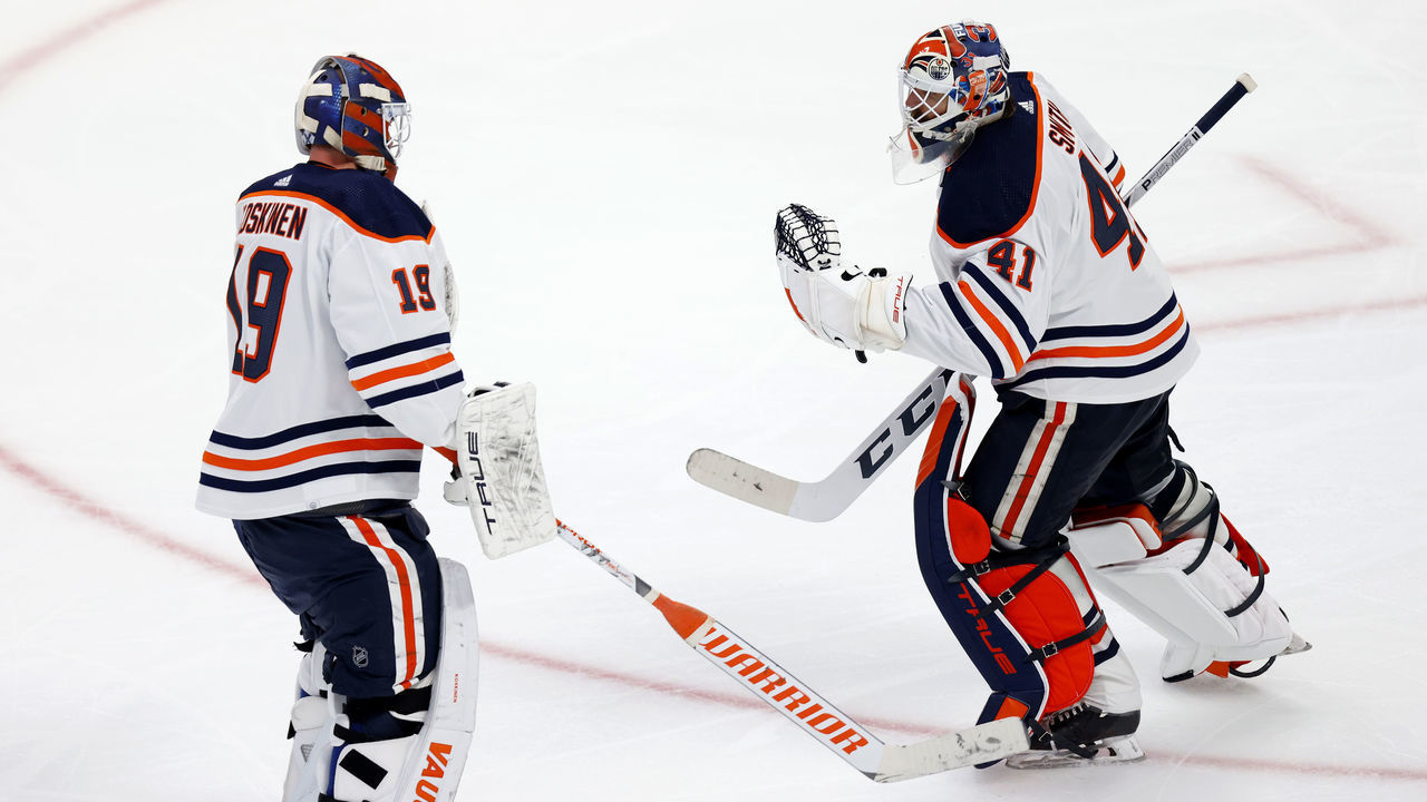 DENVER, COLORADO - MAY 31: Mikko Koskinen #19 of the Edmonton Oilers replaces Mike Smith #41 against the Colorado Avalanche during the second period in Game One of the Western Conference Final of the 2022 Stanley Cup Playoffs at Ball Arena on May 31, 2022 in Denver, Colorado.