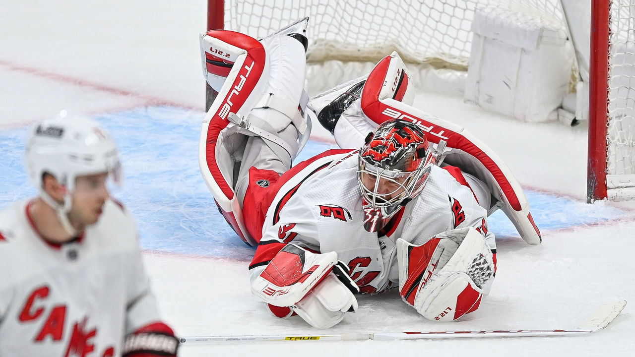 DENVER, COLORADO - APRIL 16: Frederik Andersen #31 of the Carolina Hurricanes appears to sustain an injury in the third period of a game against the Colorado Avalanche at Ball Arena on April 16, 2022 in Denver, Colorado.